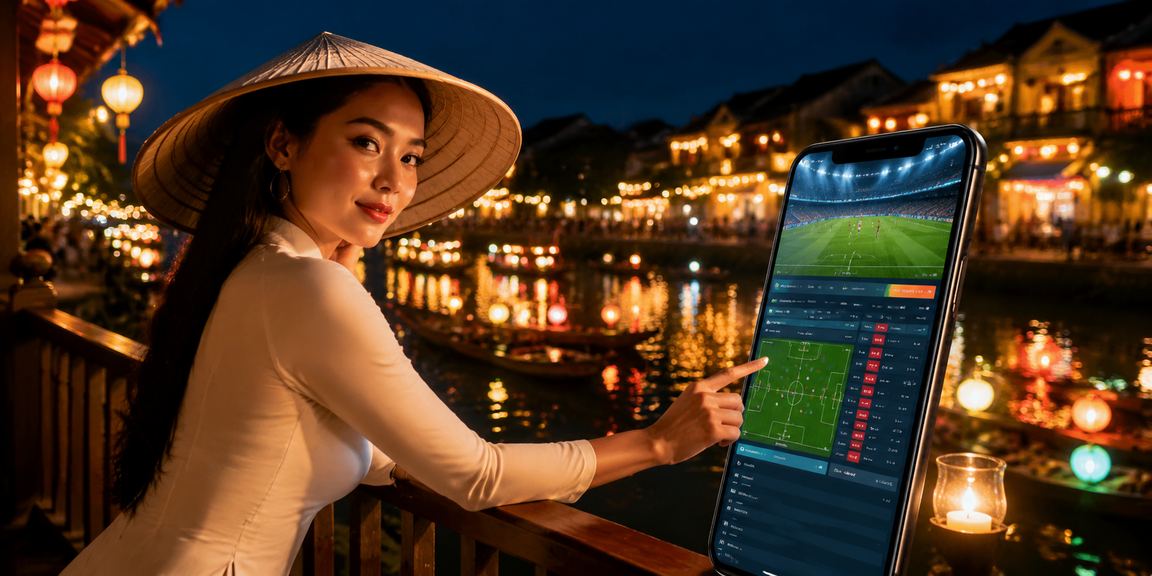 Người dùng đội nón lá tại Hội An trải nghiệm casino trên điện thoại di động